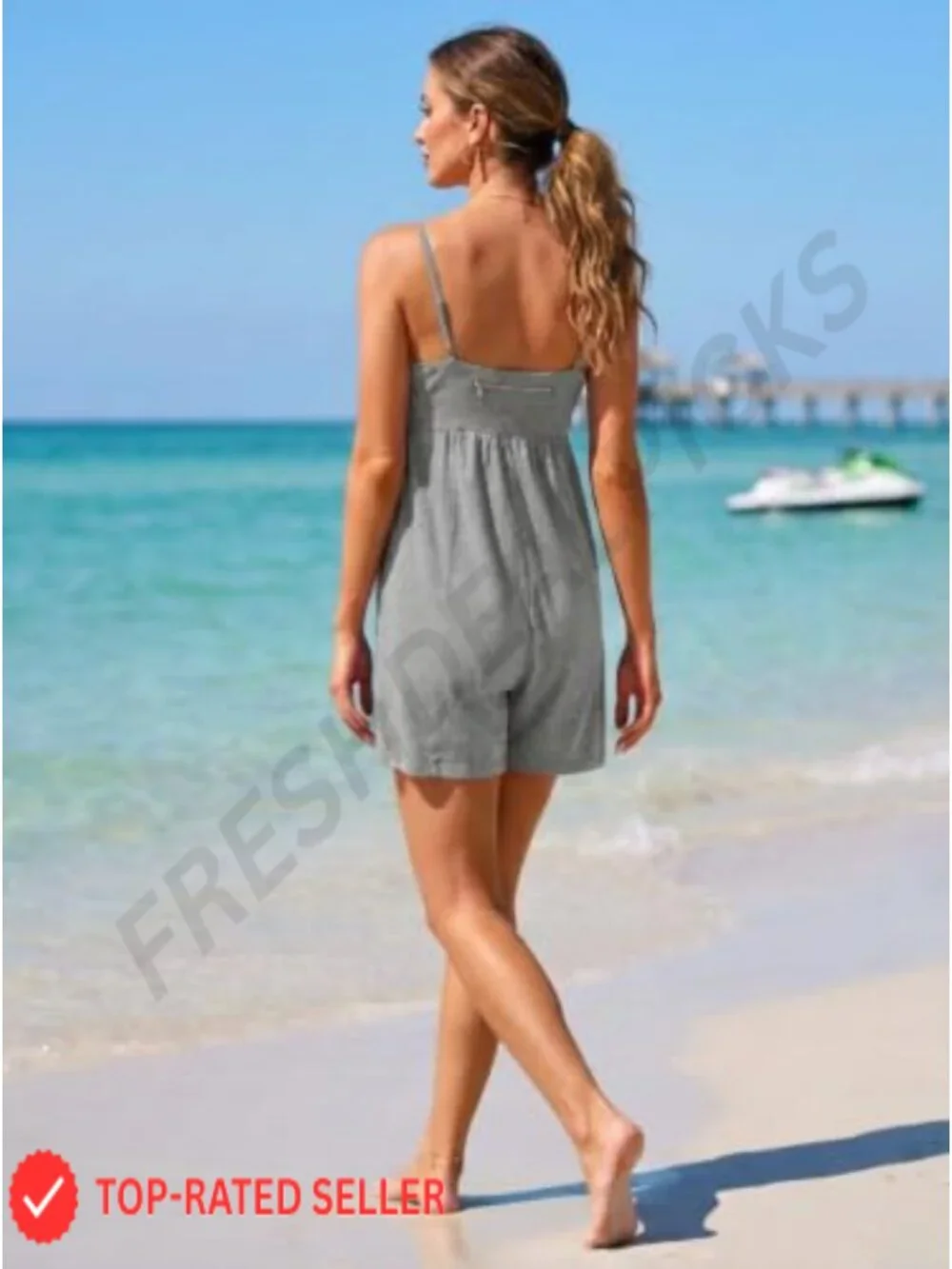 Women's Cotton Romper Jumpsuit with Pockets Square Neck Adjustable Straps